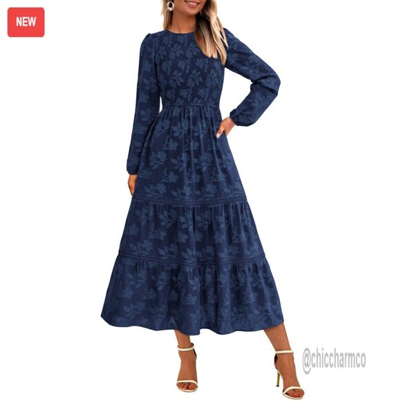 Dresses & Skirts - Long Sleeve Smocked Midi Dress, Floral Boho, Flowy Wedding Guest Dress